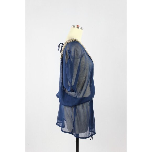 YEMANJA IBIZA Navy Beaded Beaded Embellished Sheer Crepon Cover-Up, One Size - Picture 2 of 12